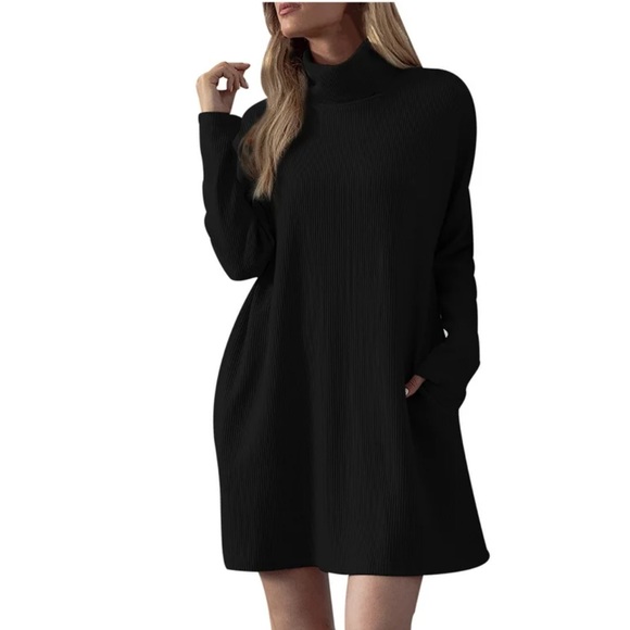 CHIC & SOFT, Long Sleeves Turtleneck Sweatshirt w/Hoodie Pockets Tunic Dress - Picture 3 of 16
